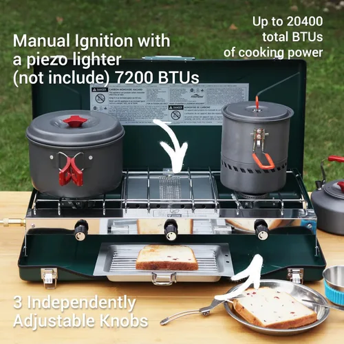 Miniatura 2 de FineFlame Estufa de campamento, 3 quemadores, estufa de campamento portátil de propano con regulador, encendido instantáneo con botón, quemadores