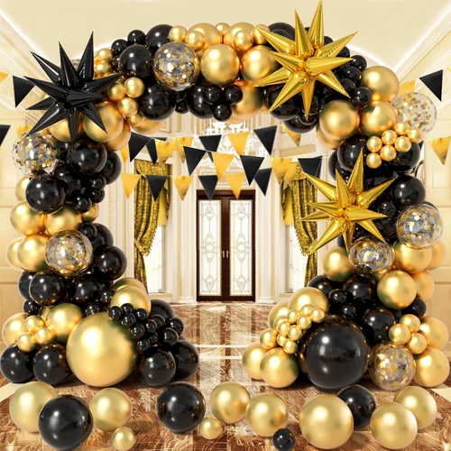 Kit de arco de guirnalda de globos negro y dorado 158 piezas con globos de confeti negro y dorado, globos de papel de aluminio estrella, para