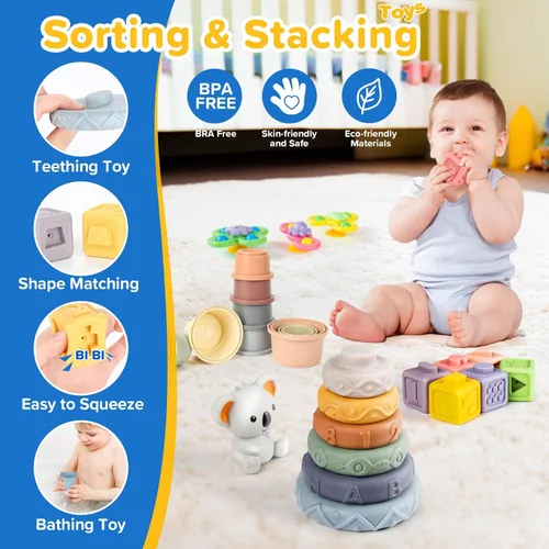 Miniatura 4 de Juguetes para bebés de 6 en 1 de 6 a 12 meses, juguetes Montessori para bebés de 6-12-18 meses, anillos de apilado de bloques de juguetes
