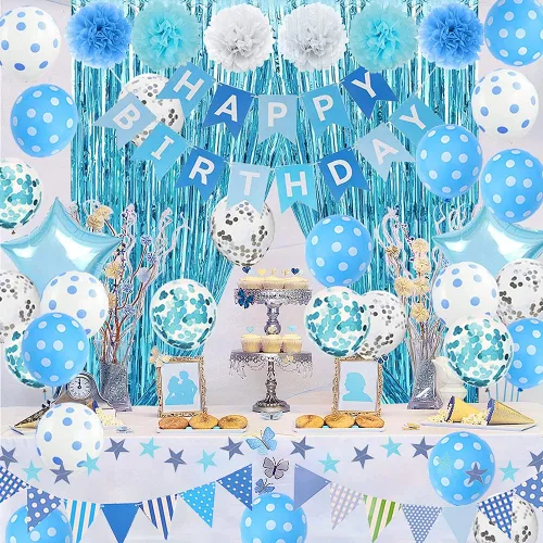 Decoraciones de cumpleaños de color azul claro, suministros de fiesta de cumpleaños azul y blanco con flores de pompones de seda, pancarta de feliz