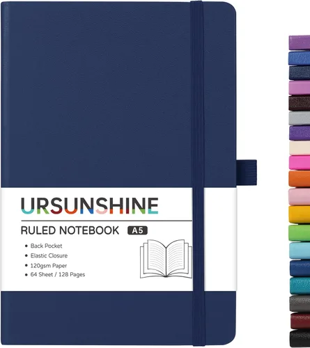 Miniatura 45 de Cuaderno punteado, diario, 5.3 x 8.26 pulgadas, tapa dura, prémium, papel grueso, doble espiral, bandas, cuero negro sintético, lazo para bolígrafo