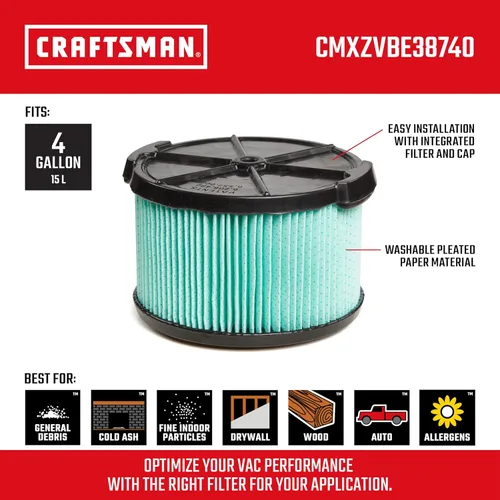 Miniatura 2 de CRAFTSMAN CMXZVBE38740 Filtro de vacío de repuesto para aspiradora de media altura HEPA para la mayoría de aspiradoras CRAFTSMAN Shop de 5 a 20