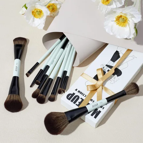 Miniatura 6 de Jessup Juego de brochas de maquillaje, 10 piezas, doble cara para base, contorno, rubor, iluminación, mezcla de cejas, sombra de ojos, delineador