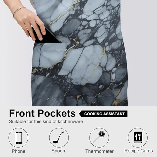 Miniatura 5 de MUSM Apron for Adults - 27.6 X 31.5 Inch, Heavy-Duty Polyester Aprons with Two Large Pockets, Waterproof Black Textured Marble Kitchen Apron for
