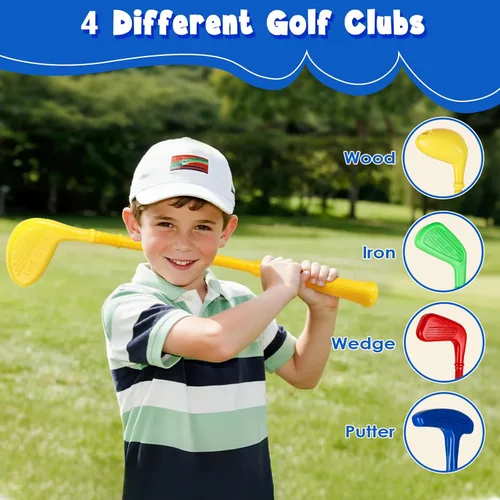 Miniatura 7 de SUPER JOY Juego de Golf para Niños Pequeños con Alfombra, Carrito de Golf para Niños con 4 Palos y 8 Pelotas, Juguetes de Golf