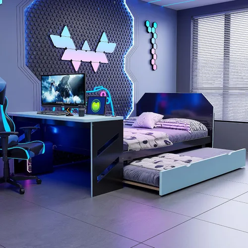 Cama para juegos, sofá cama de tamaño matrimonial con escritorio, cama de plataforma matrimonial de madera con cama nido de tamaño individual y USB,