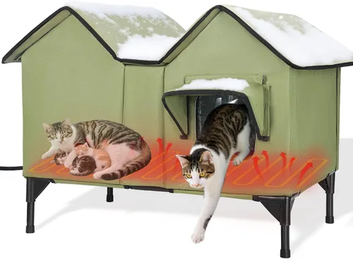 Miniatura 8 de Casa climatizada para gatos en invierno exterior, casa para gatos climatizada extra grande, resistente a la intemperie, cama elevada, puerta