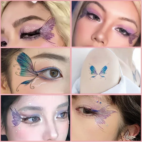 Miniatura 7 de 14 hojas de tatuajes temporales de mariposa con purpurina para decoración de maquillaje de ojos, rostros, calcomanías de tatuaje de arte corporal