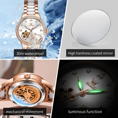 Miniatura 4 de OLEVS Relojes para mujer, reloj automático de lujo, correa de cerámica, oro rosa, reloj de pulsera para mujer