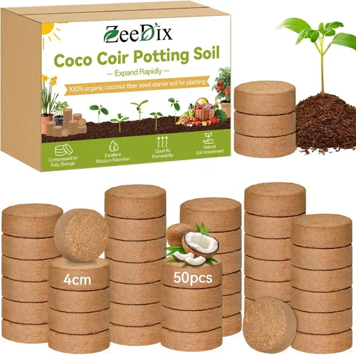 Miniatura 17 de ZeeDix Paquete de 50 pellets de iniciación de semillas de coco orgánico de 1.181 in, discos de tierra de fibra de coco comprimido, mezcla de tierra