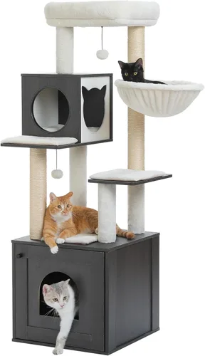 Miniatura 9 de PETEPELA Árbol para gatos de 56.7 pulgadas con caja de arena, torre grande de madera para gatos de interior con armario de almacenamiento y acogedor