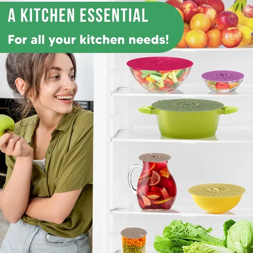 Miniatura 3 de Tapas de silicona para almacenamiento de alimentos, paquete de 5, 5 tamaños, de grado alimenticio, fundas de silicona reutilizables para ollas