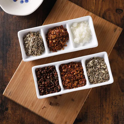 Miniatura 5 de DOITOOL 2 platos de cerámica para servir, 3 compartimentos, bandejas para servir aperitivos, platos de salsa divididos rectangulares blancos