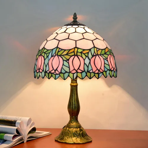 Miniatura 2 de Tiffany - Lámpara de vitral, tulipán rosa, lámpara de mesa para dormitorio, lámpara de escritorio de lectura, luz para mesita de noche, sala