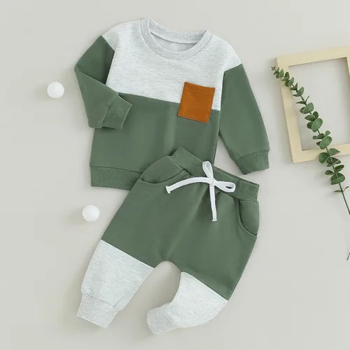 Miniatura 94 de Conjunto de ropa de otoño e invierno para bebé niño pequeño, sudadera de manga larga con colores contrastantes, pantalones elásticos para recién