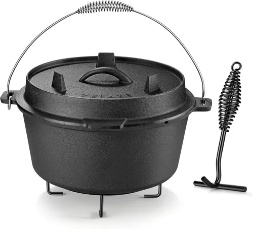 Velaze Horno Holandés de Campamento de 10 Cuartos de Galón, Olla Holandesa de Hierro Fundido Pre-Sazonada para Campamento con Tapa, para Uso en el