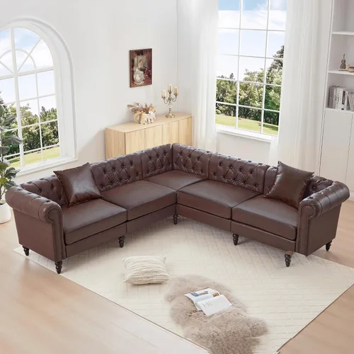 Miniatura 12 de LEVNARY Sofá seccional Chesterfield en forma de L de 108 pulgadas con otomana móvil, sofá de 4 asientos con brazos curvos, tapizado en piel