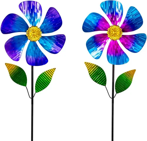 Viveta Paquete de 2 molinos de viento de jardín, molino de viento de metal de flores de 35.4 pulgadas, escultura de viento rosa y azul, molinetes