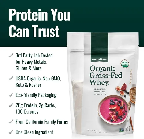 Miniatura 3 de Natural Force Polvo de proteína de suero orgánico alimentado con pasto, sin OMG, apto para ceto, bajo en carbohidratos, kosher, probado