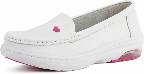 MaxMuxun Zapatos de enfermería antideslizantes de las mujeres de cuero cómodo resbalón en zapatos planos mocasines para el trabajo del restaurante