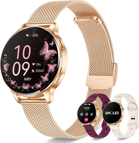 Relojes inteligentes para mujeres, pantalla AMOLED de 1.27" con monitor de fitness, frecuencia cardíaca, SpO2, monitor de sueño, 3 bandas, más de