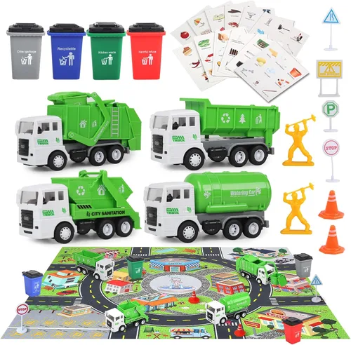 Miniatura 9 de FIVEDAOGANG Pequeño juego de juguetes de camión de basura alimentado por fricción, incluye contenedor de carga frontal, 4 cubos de basura y tarjetas