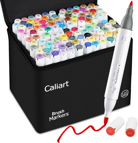 Caliart Marcadores de alcohol, punta de pincel – 121 colores de doble punta para artistas, juego de marcadores para colorear, pincel y fino, con
