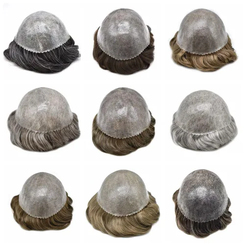 Miniatura 7 de Toupee para hombres Sistema de reemplazo de cabello humano Full Poly Mens Toupee Hairpiece inyectado PU peluca para hombre sistemas de cabello 1B#