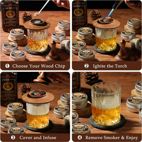 Miniatura 7 de Kit ahumador para whisky con antorcha - 6 sabores de astillas de madera, 2 vasos, 6 piedras para whisky, kit infusor para ahumar cócteles, kit Ébano