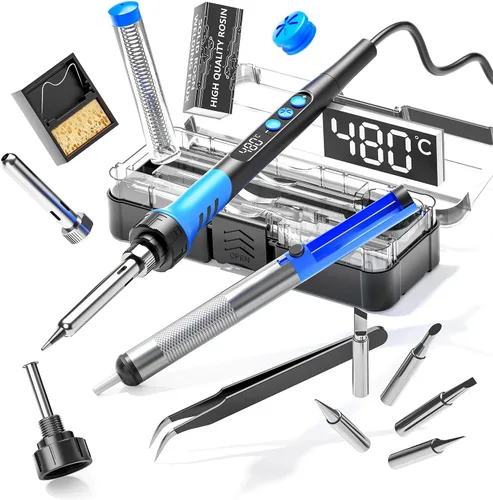 Miniatura 7 de Kit de soldador, pistola de soldadura digital LCD de 90W 110V, herramienta de kit de soldador de 12 en 1, temperatura ajustable de 180-480°C, 5 Azul