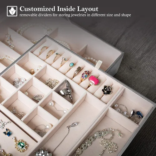 Miniatura 4 de ProCase - Joyero grande de cuero con dos niveles para organizar aretes pulseras anillos relojes para mujeres niñas regalo ideal para novia o esposa