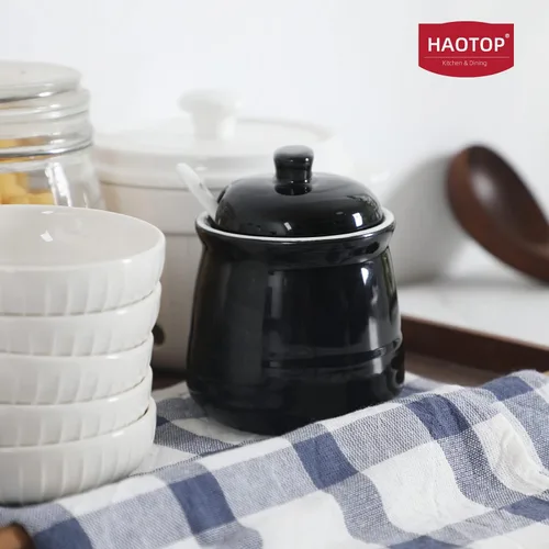 Miniatura 2 de Tazón de sal de porcelana con tapa y cuchara, azucarero de cerámica de 12 onzas (negro)