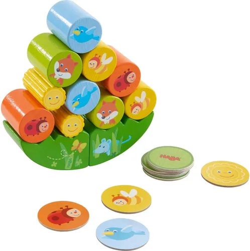 HABA - Juego de apilamiento Fox, juguete de madera para más de 2 años, juego de habilidades motoras con prado tambaleante y 10 piedras apilables