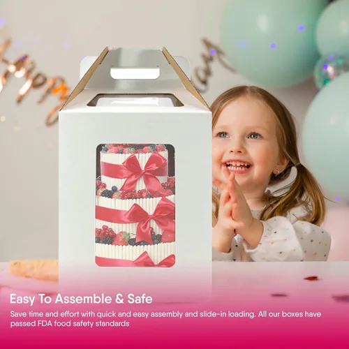 Miniatura 7 de Paquete de 4 cajas altas de tres asas para pasteles con ventanas en 2 tamaños de 10 x 10 x 12 y 12 x 12 x 14 + 4 tablas de pastel de 10 y 12
