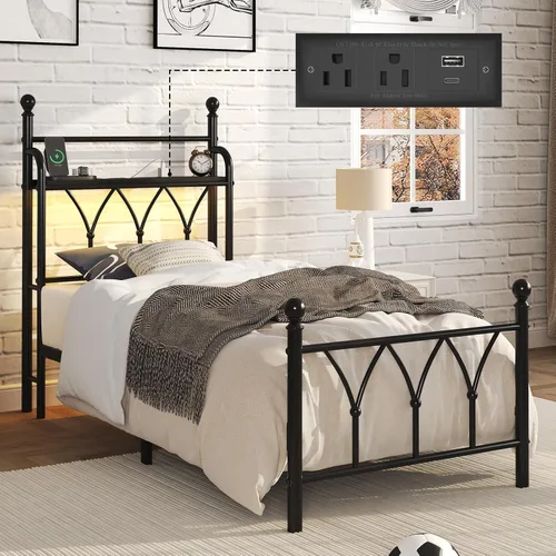 E-Ser Marco de cama de plataforma de metal tamaño twin con cabecera de almacenamiento, marco de cama con luz LED, estación de carga integrada,