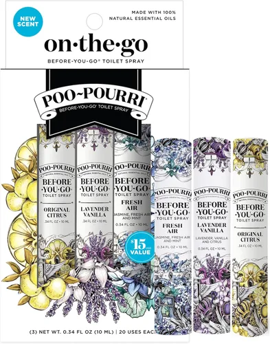 Poo-Pourri Before-You-Go Spray para Inodoro, Artículos Esenciales de Viaje, 0.34 Fl Oz, Variedad In A Pinch Paquete de 3, Cada Uno Hasta 20 Usos,