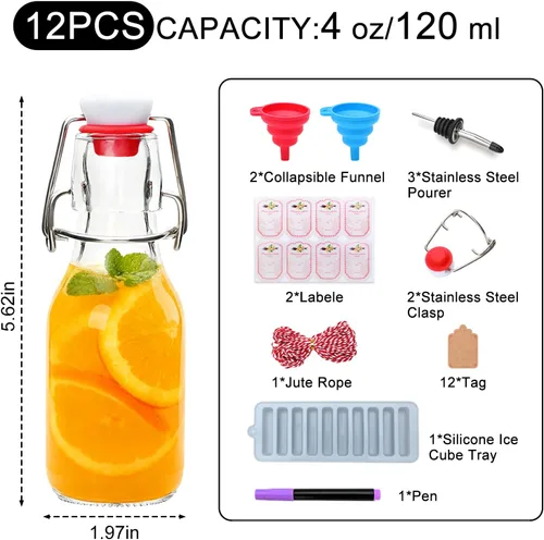 Miniatura 2 de Paquete de 12 botellas de vidrio con tapa abatible de 4 onzas con tapas herméticas, botellas de vidrio con tapa abatible para elaboración casera
