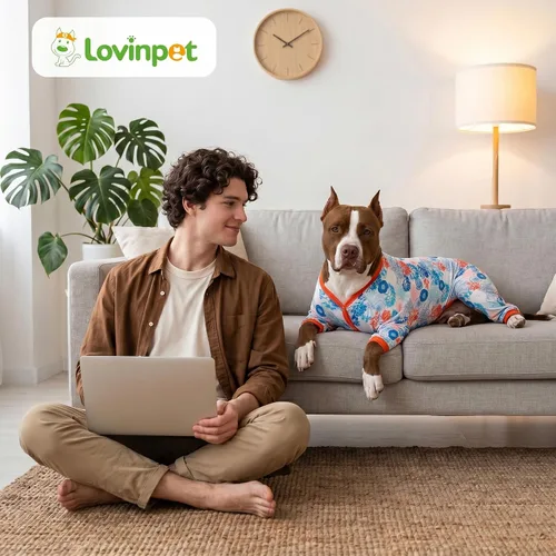 Miniatura 7 de LovinPet Conjunto de pijama, camiseta interior para abrigos de perro, tela suave y ligera, estampado de árboles de coral y conchas, camisa de Azul