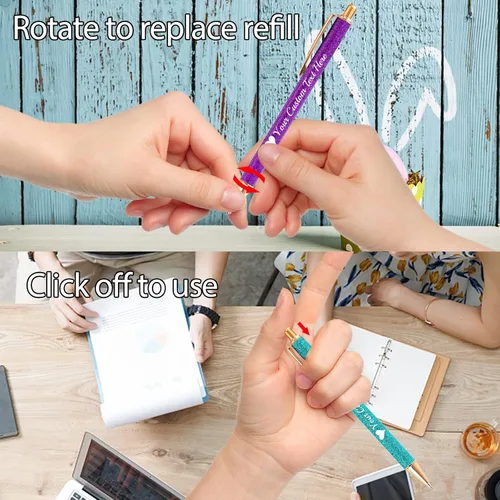 Miniatura 5 de Bolígrafos con purpurina personalizados con nombre, bolígrafos bonitos y bonitos personalizados, bolígrafos retráctiles de tinta negra, suministros