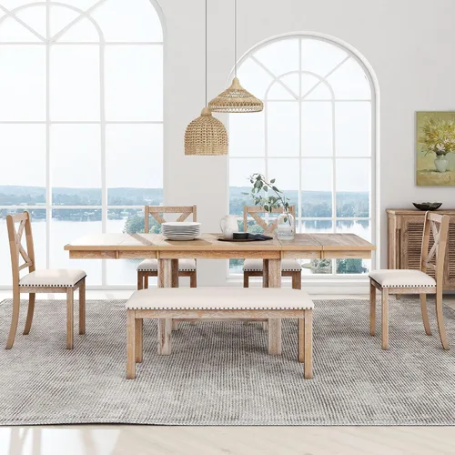 Miniatura 15 de RuiSiSi 6 Piece Solid Wood Dining Table Set, Farmhouse Extendable Kitchen Table with a Bench and 4 Padded Chairs, 4-6 Dining Table Set with Bench