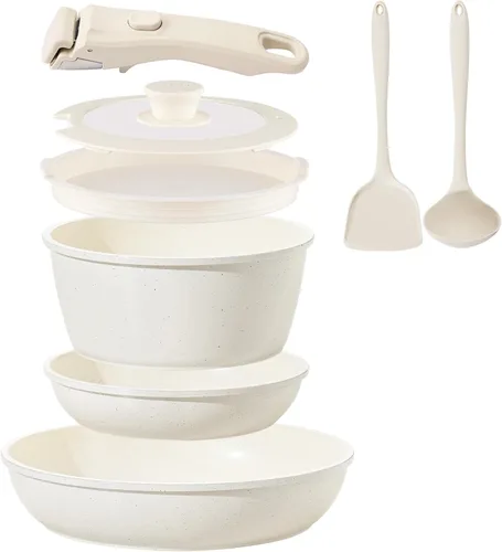 Juego de utensilios de cocina de cerámica antiadherentes, 8 piezas, juego de ollas y sartenes, mango desmontable, juego de cocina de inducción con
