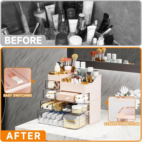 Miniatura 3 de SuoXing Organizador de maquillaje para tocador, organizador de maquillaje grande con 6 cajones para mostrador, organizador de almacenamiento de Rosa