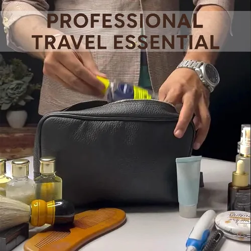 Miniatura 2 de Estuche hecho a mano de piel de búfalo auténtico. Neceser para juego de rasurar y cuidado personal para viaje ~ Regalo para hombres y mujeres., Negro