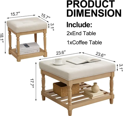 Miniatura 3 de UEV Juego de 3 mesas de café otomanas, juego de mesa de madera para sala de estar, incluye 2 mesas auxiliares tapizadas, mesita de noche, patas