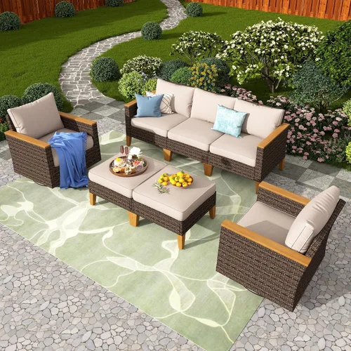 Miniatura 41 de PHI VILLA Otomana de mimbre para patio, 2 piezas, asiento otomano de mimbre para todo tipo de clima, reposapiés para exteriores con cojines