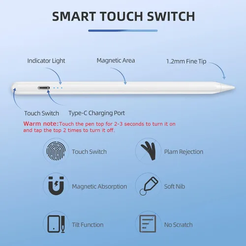 Miniatura 7 de Lápiz óptico para iPad 2018-2025 con rechazo de palma, carga más rápida, sensibilidad de inclinación, lápiz iPad compatible con Blanco