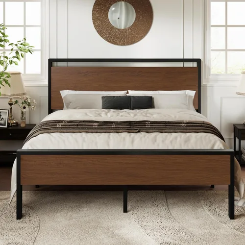 Miniatura 9 de Allewie Base de cama de plataforma tamaño Queen con cabecera y estribo de madera, soporte de 12 listones de metal resistente, no necesita somier
