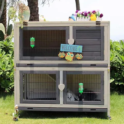 Miniatura 8 de Cat Villa Casa al aire libre para mascotas, jaula de conejo, casa de conejos, villa de doble piso con su propia casa de gato de polea, gris