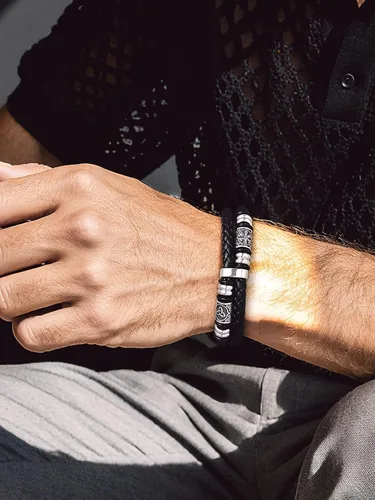 Miniatura 5 de Bandmax Pulseras de Puño de Cuerda de Cera Doble Negra para Hombres Impermeables de Acero Inoxidable Estilo Nórdico Nudo Celta Cuentas Pulsera