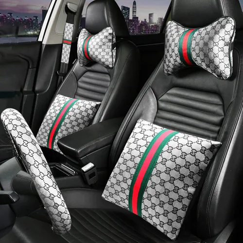 Miniatura 8 de Juego de 7 piezas de funda para volante para mujeres, accesorios de automóvil con almohadas para el cuello del automóvil, almohada de apoyo lumbar